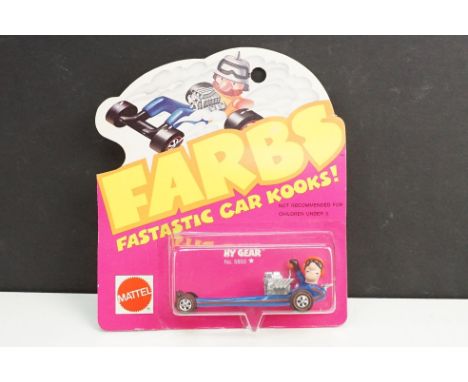 Carded Mattel Farbs 5850 My Gear redline diecast model, blue car and driver with orange helmet, card with minor bend but vg-e