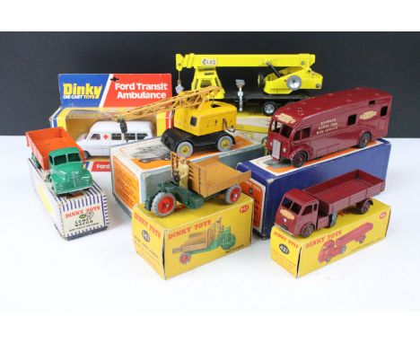 Seven boxed Dinky commercial diecast models to include Supertoys 571 Coles Mobile Crane, 581 Horse Box, 421 Electric Articula