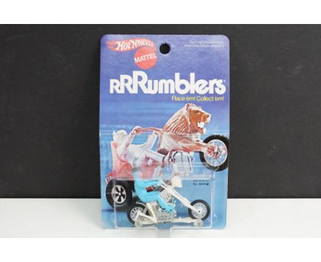 Carded Mattel Hot Wheels Rrrumblers 6645 Bone Shaker model with white body, light blue rider and black hat, bubble excellent,