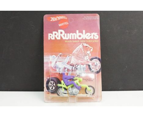 Carded Mattel Hot Wheels Rrrumblers 6644 Preying Menace model with lime green body and purple rider &amp; helmet, unpunched c