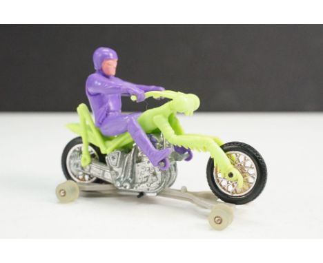 Mattel Hot Wheels Rrrumblers Preying Mantis model with lime green body, purple rider with purple helmet, with guide, good bri