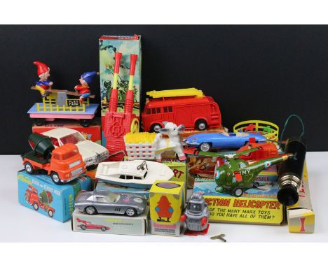 14 Boxed circa Mid 20th C plastic models &amp; toys to include Linda Noddy &amp; Big Ears See-Saw, Marx friction helicopter, 