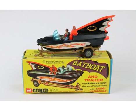 Boxed Corgi 107 Batman Batboat and Trailer diecast &amp; plastic model, complete with Batman &amp; Robin figures and coupling