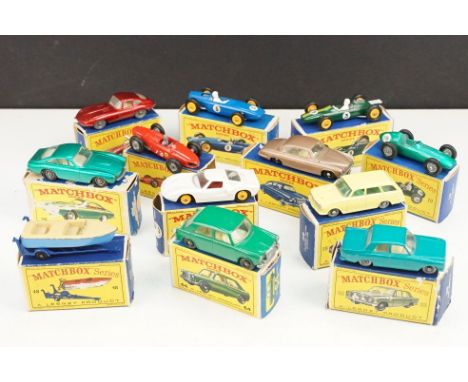 12 Boxed Matchbox 75 Series diecast models to include 19 Aston Martin Racer, 64 MG1100, 73 Ferrari Racing Car, 48 Trailer wit