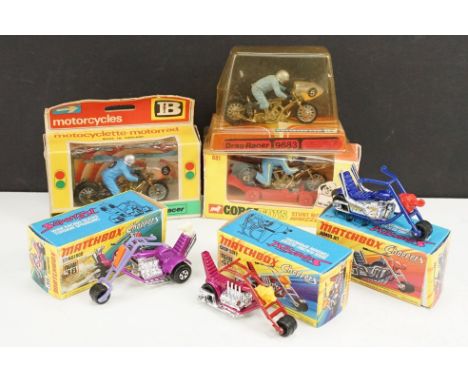 Five boxed diecast model motorcycles to include 3 x Matchbox Choppers (38 Stingeroo in purple, 49 Chop Suey in metallic pink 