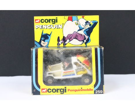 Boxed Corgi 259 Penguinmobile diecast model, complete with The Penguin, diecast ex, box showing a few marks and grubby box wi