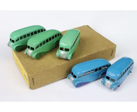 Dinky Trade Box 29B Streamlined Bus diecast models containing 5 x models (3 x in two tone green and 2 x two tone blue), showi