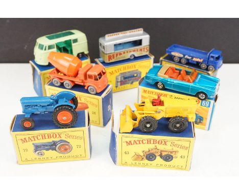 Seven boxed Matchbox 75 Series diecast models to include 74 Mobile Canteen (paint chips) 34 Volkswagen Camping Car (paint chi