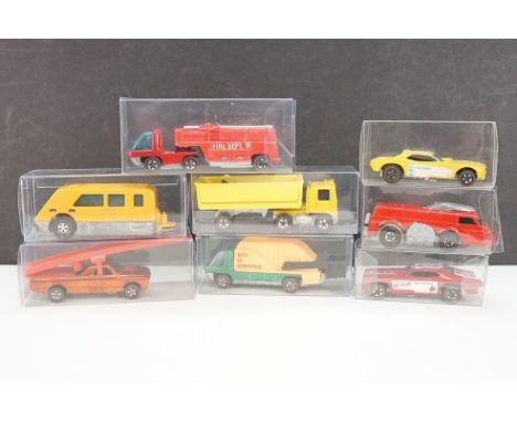 Eight Mattel Hot Wheels redline diecast models to include Custom Fleetside in metallic dark orange, Revvers Fire Truck, The H