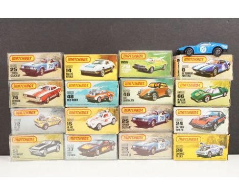 16 Boxed Matchbox 75 Series diecast models to include 70 Orange Peel, 66 Mazda RX 500, 8 De Tomaso Pantera, 51 Midnight Magic