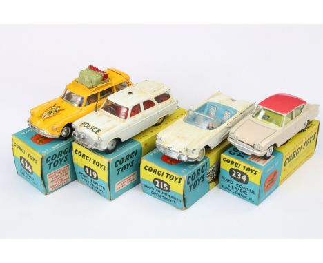 Four boxed Corgi diecast models to include 215 Ford Thunderbird Open Sports Car in white with blue interior, 234 Ford Consul 