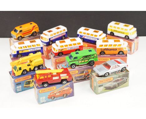 11 Boxed Matchbox 75 Series diecast models to include 6 x Superfast 65 Airport Coach (all colour or decal variants), 2 x 68 C