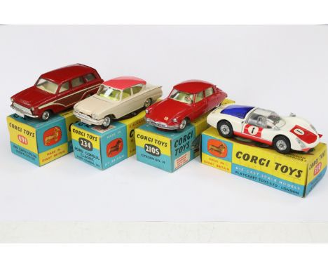 Four boxed Corgi diecast models to include 210S Citroen DS19 in red with lemon yellow interior, 234 Ford Consul Classic in pa