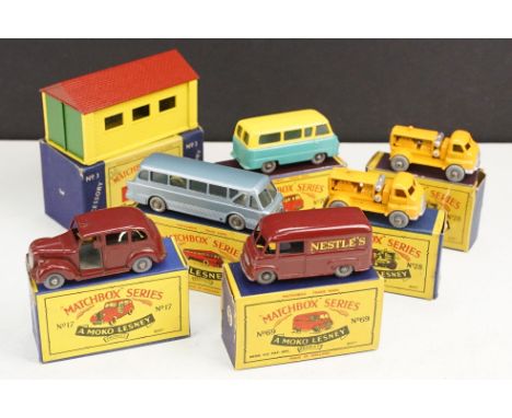 Six boxed Matchbox Series diecast models to include 40 Long Distance Coach, 70 Thames Estate Car, 17 Metropolitan Taxi, 69 Ne