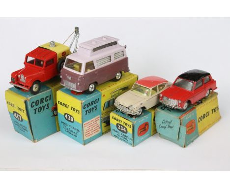 Four boxed Corgi diecast models to include 234 Ford Consul Classic in pale fawn pink with lemon yellow interior, 216M Austin 