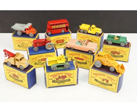 Nine boxed Matchbox 75 Series diecast models to include 13, 15, 12 (missing a side end flap), 5, 8, 4, 24, 6 and 39 (missing 