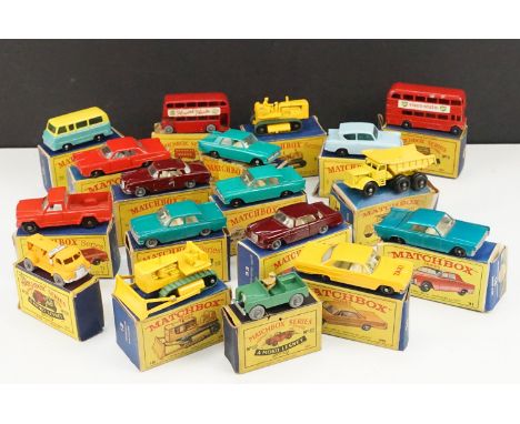 18 Boxed Matchbox 75 Series diecast models to include 7 Ford Anglia, 6 Euclid Quarry Truck, 2 x 53 Mercedes Benz Coupe, No 12