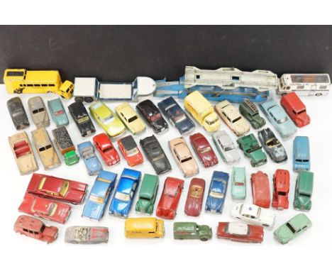 Around 48 Mid 20th C play worn diecast models to include Corgi, Dinky, Budgie etc featuring Corgi Lucozade Karrier Bantam, Di