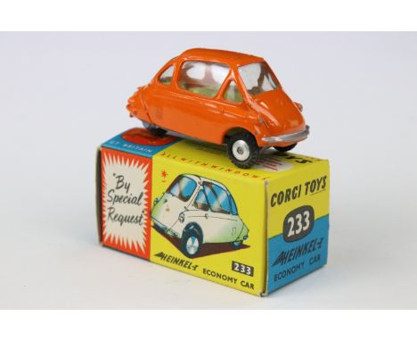 Boxed Corgi 233 Heinkel Economy Car By Special Request diecast model in orange with pale yellow interior, diecast &amp; box e