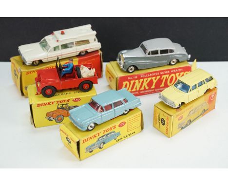 Five boxed Dinky diecast models to include 177 Opel Kapitan in pale blue, 141 Vauxhall Victor Estate Car in pale yellow, 263 