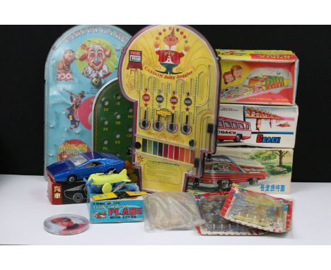 Group of vintage toys, tin plate models and games to include boxed tin plate Mystery Action Bus ME083, boxed Friction Coach M