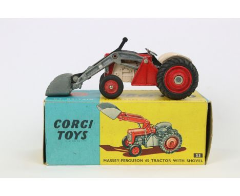 Boxed Corgi 53 Massey Ferguson 65 Tractor with shovel diecast model in main body red with cream, silver seat and shovel/shove