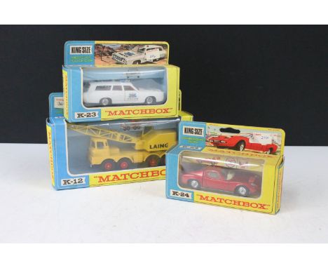 Three boxed Matchbox King Size diecast models to include K-23 Mercury Police Car in white with police decals, K-24 Lamborghin