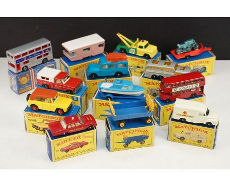 12 Boxed Matchbox Series diecast models to include 59 Fire Chiefs Car, 38 Honda Motorcycle with trailer, 23 Trailer Caravan, 