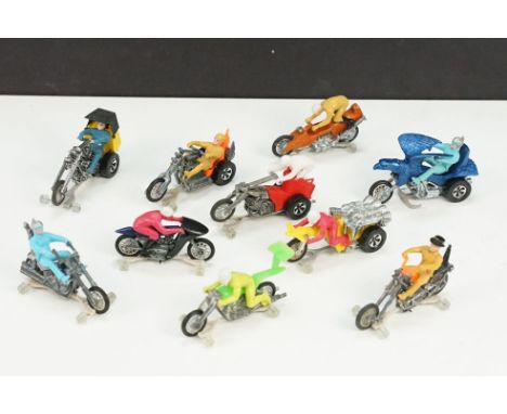 10 Mattel Hot Wheels Rrrumblers models to include Hi Tailer in main body green, lime green rider with white helmet, Rip Snort