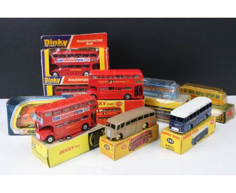 Nine boxed Dinky diecast bus models to include 281 Luxury Coach, 283 BOAC Coach, 701 Hi-Speed Mini Bus, 296 Duple Viceroy 37 