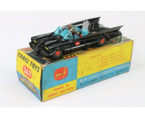 Boxed Corgi 267 Batmobile diecast model with Batman &amp; Robin figures, secret instructions, 6 x yellow missiles on plastic 