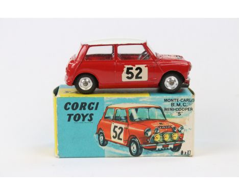 Boxed Corgi 321 Monte Carlo BMC Mini Cooper S diecast model in red with white roof, race number 52, Monte Carlo decal vg, rac