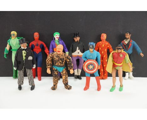 10 Original Mego DC &amp; Marvel Superheroes figures to include Human Torch, Thing, The Joker, Penguin, Spiderman, Green Arro