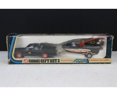 Boxed Corgi Gift Set GS3 Rocket Firing Batmobile &amp; Batboat on Trailer diecast model, with 2 x Batman figures and 1 x Robi