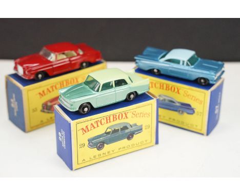 Three boxed Matchbox 75 Series diecast models to include 53 Mercedes Benz Coupe in red, 29 Austin A55 Cambridge in two tone g