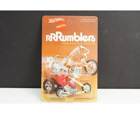 Original carded 1972 Mattel Hot Wheels Rrrumblers 6645 Bone Shaker metal motorcycle, unpunched card showing very minor edge w