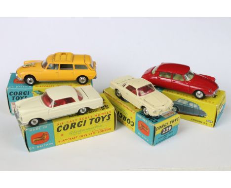 Four boxed Corgi diecast models to include 436 Citroen Safari 1D19 in yellow, 210S Citroen DS in red, 239 Volkswagen 1500 Kar