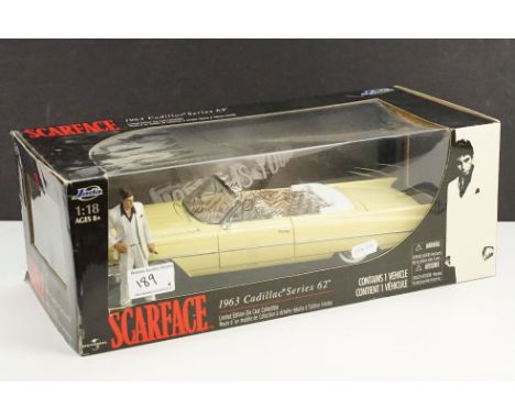 Boxed Jada 1/18 Scarface 1963 Cadillac Series 62 diecast model, with Tony Montana, diecast ex, box vg