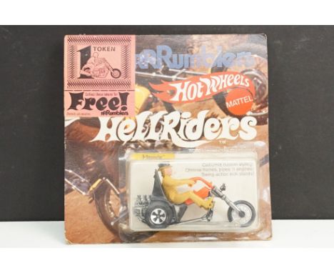 Carded Mattel Hot Wheels Hell Riders 3 Squealer model, orange and black body, dark yellow rider with black hat, some bubble l