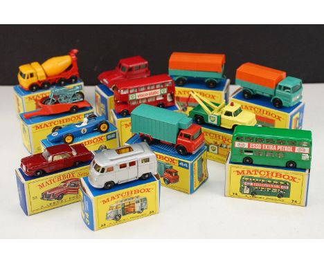 12 Boxed Matchbox Series diecast models to include 35 Snow Trac, 52 BRM Racing Car, 5 London Bus, 34 Volkswagen Camper, 44 Re