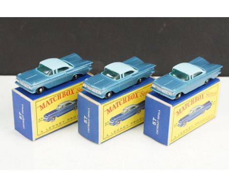 Three boxed Matchbox 75 Series 57 Chevrolet Impala diecast models in two tone blue, all ex