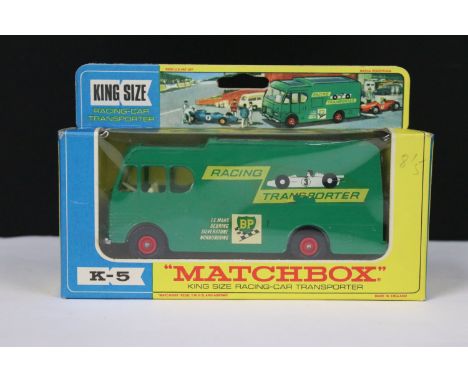 Boxed Matchbox King Size K5 BP Racing Car Transporter diecast model, showing some decal wear otherwise ex