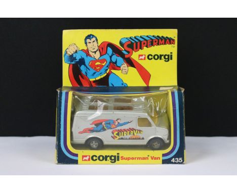 Boxed Corgi 435 Superman Van diecast model, diecast vg with some paint chips, decals vg, box gd with small crack to box windo