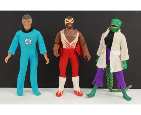 Three original Mego Marvel Superheroes figures to include Mr Fantastic (no boots or gloves), The Falcon and Lizard, gd condit