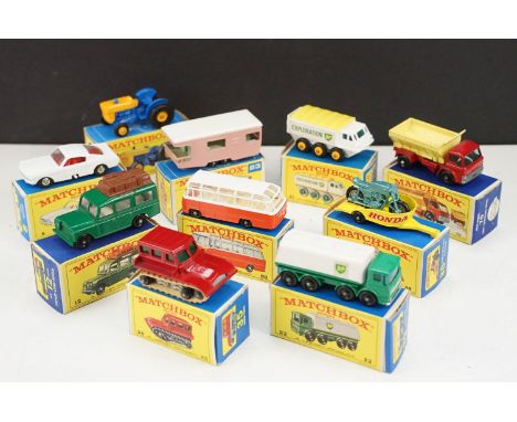 10 Boxed Matchbox 75 Series diecast models to include 39 Ford Tractor, 38 Honda M/Cycle &amp; Trailer, 35 Snow Trac, 8 Ford M