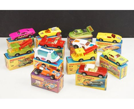 11 Boxed Matchbox Superfast diecast models to include 62 Rat Rod Dragster, 46 Stretcha Fetcha Ambulance, 27 Lamborghini Count