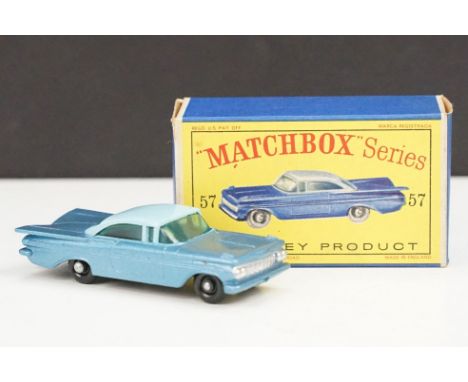 Boxed Matchbox 75 Series 57 Chevrolet Impala diecast model in two tone blue, ex condition with vg box