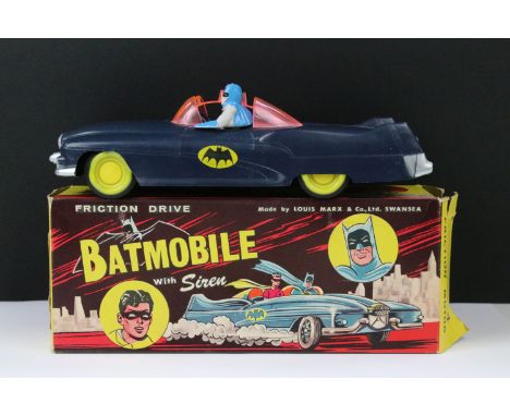 Original boxed Louis Marx Friction Drive Batmobile with Batman &amp; Robin figures, scarce model circa 1966, hard plastic mod