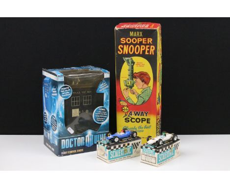 Four boxed toys to include 2 x Scalextric slot cars including C81 Cooper in white and C82 in blue, Louis Marx Sooper Snooper 