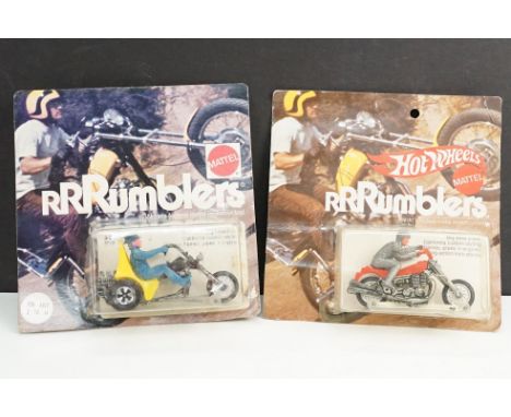 Two carded Mattel Hot Wheels Rrrumblers models to include 6048 3 Squealer with yellow seat and blue rider (clear bubble with 